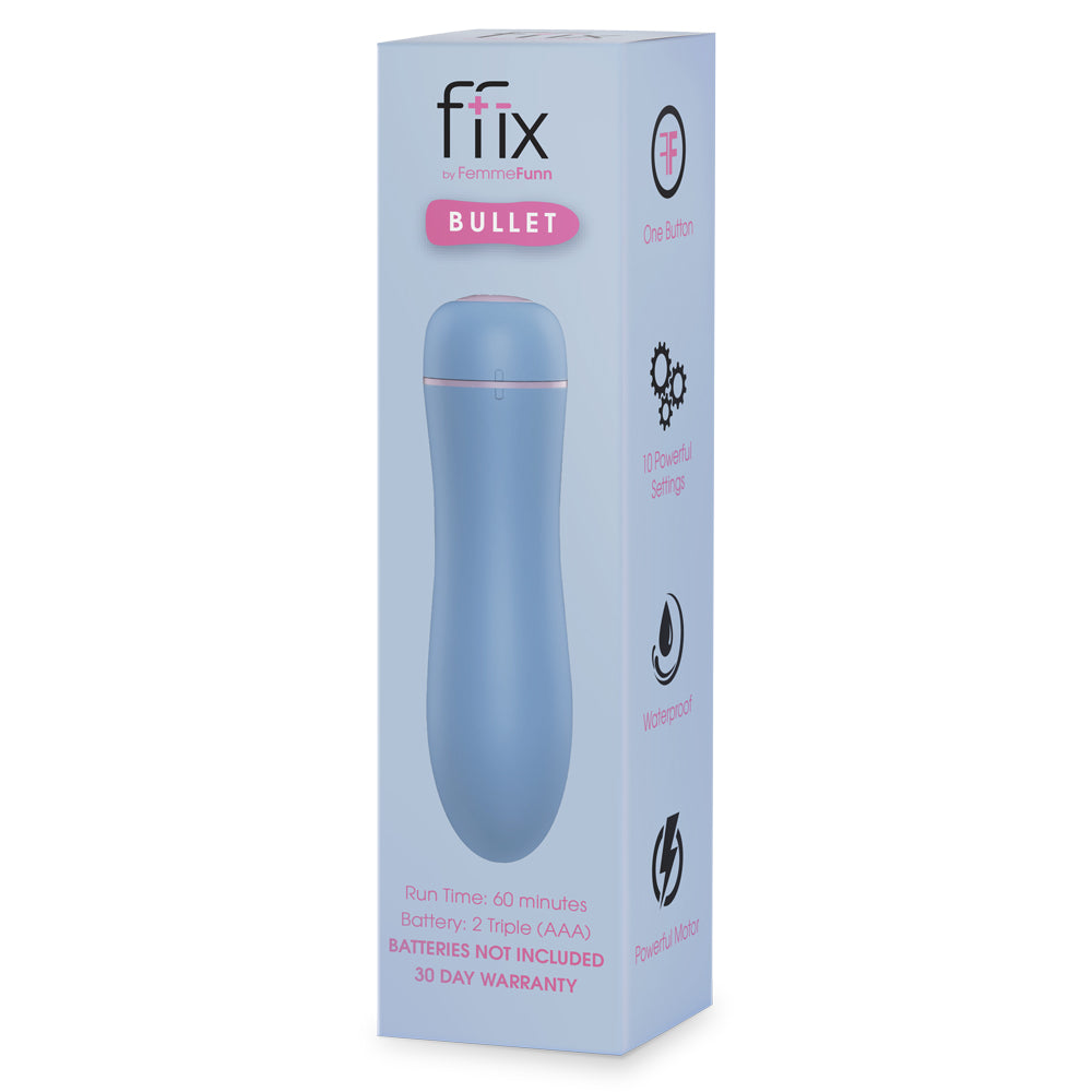 FemmeFunn - Ffix Bullet - bullet vibrator has 10 powerful battery-operated vibration modes & a contoured, tapered body. Light Blue, box