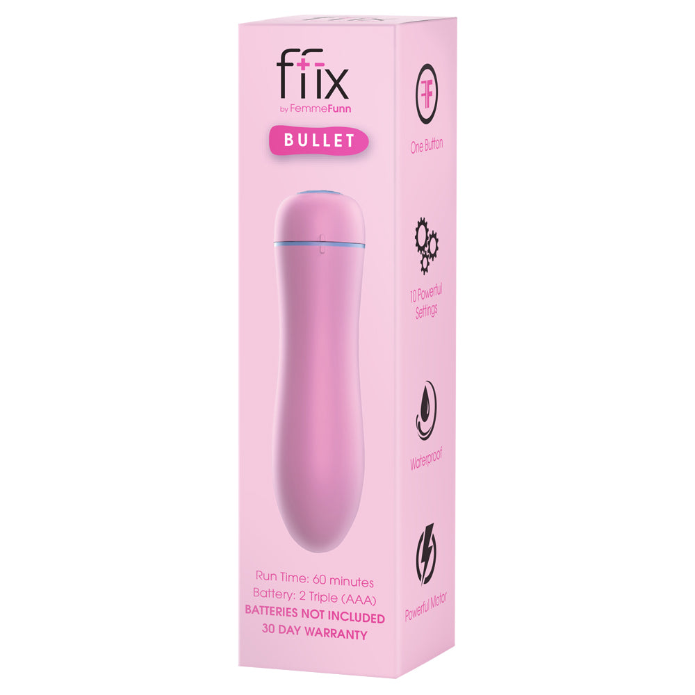 FemmeFunn - Ffix Bullet - bullet vibrator has 10 powerful battery-operated vibration modes & a contoured, tapered body. Light Pink, box