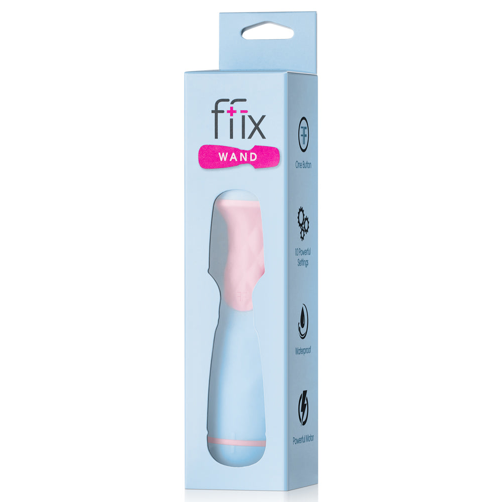 FemmeFunn - Ffix Wand - mini vibrating wand is packed w/ a powerful motor for 10 vibration modes in a velvety-soft waterproof finish. Light Blue, box