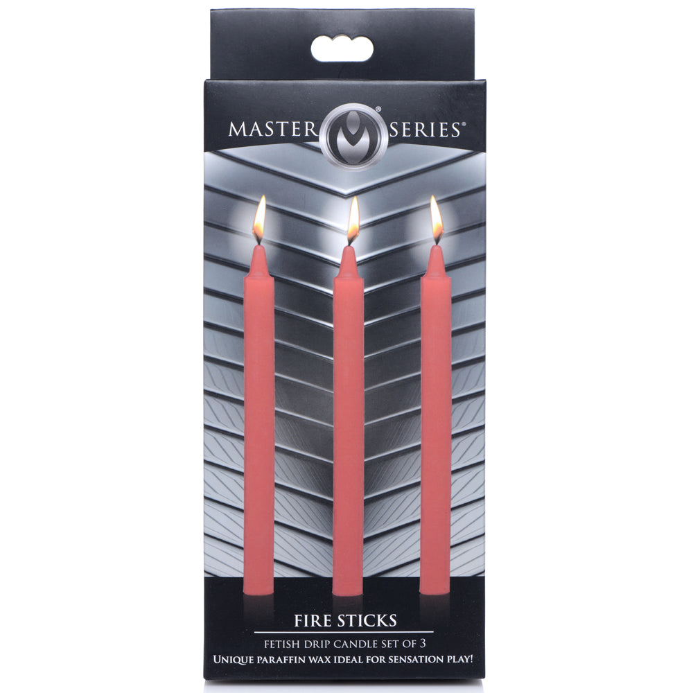 Master Series - Fetish Drip Candles 3 Pack - Fire Sticks - fragrance-free paraffin wax drip candles that melt at a low temperature for up to 30 minutes of safe wax play. red, box