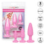 First Time Crystal Booty Anal Plug Training Kit lets you take anal training at your own pace w/ flared crystal gem bases for a glamorous look. Pink-package.