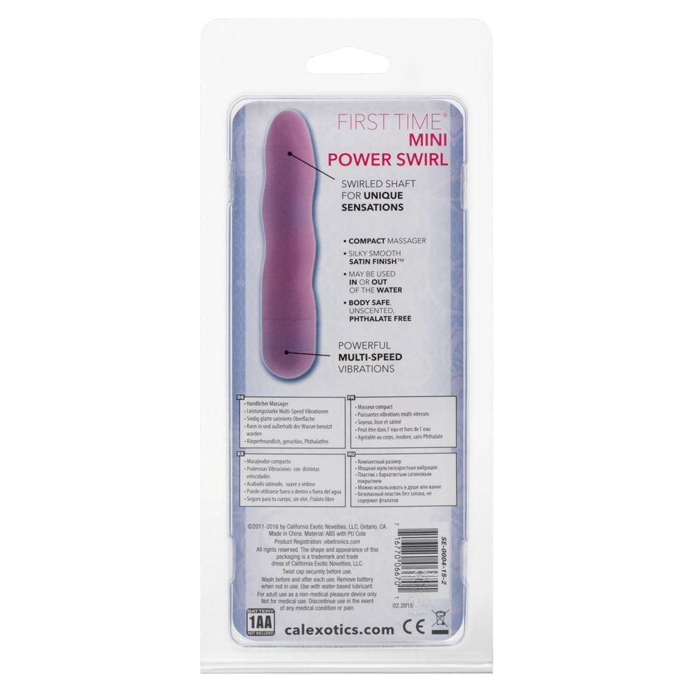 First Time - Mini Power Swirl - beginner-friendly straight vibrator has powerful multi-speed vibrations, swirling ribbed texture with a velvety coating. Pink, back of package