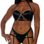 Forplay Diamond In The Rough Black Satin & Mesh Bustier & Garter Panty includes a satin & mesh collared halter bustier w/ body chain-like rhinestones & bikini-cut panties w/ attached garter straps.