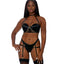  Forplay Diamond In The Rough Black Satin & Mesh Bustier & Garter Panty includes a satin & mesh collared halter bustier w/ body chain-like rhinestones & bikini-cut panties w/ attached garter straps. (5)