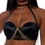  Forplay Diamond In The Rough Black Satin & Mesh Bustier & Garter Panty includes a satin & mesh collared halter bustier w/ body chain-like rhinestones & bikini-cut panties w/ attached garter straps. (3)