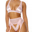 Forplay Dripped in Diamonds Pink Satin & Mesh Lingerie Set includes a metallic satin bralette, cutout high-rise panty & matte mesh garter belt with draped rhinestone details for a luxe touch.