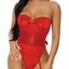 Forplay Gold Rush Red Strapless Satin Elastic & Mesh Teddy is made from sheer mesh, satin sheen elastic & engraved gold hardware w/ a strapless sweetheart design.