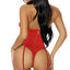 Forplay Gold Rush Red Strapless Satin Elastic & Mesh Teddy is made from sheer mesh, satin sheen elastic & engraved gold hardware w/ a strapless sweetheart design. (2)