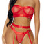 Forplay Good As Gold Red Satin Elastic Mesh Lingerie Set has a strapless bandeau bra, garter belt & Y-cut panties w/ engraved gold metal details for a luxe look.