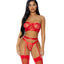 Forplay Good As Gold Red Satin Elastic Mesh Lingerie Set has a strapless bandeau bra, garter belt & Y-cut panties w/ engraved gold metal details for a luxe look. (5)