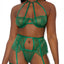  Forplay In Full Bloom Green Cage Strap & Lace Lingerie Set includes a bra w/ strappy collar detail, cutout G-string panty & a garter belt that encircles your legs w/ cross details. 