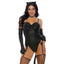 Forplay On Point Cat Costume includes a gartered black bustier with cone bra cups, panty with attached tail, ear headband & fingerless opera-length gloves.