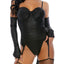 Forplay On Point Cat Costume includes a gartered black bustier with cone bra cups, panty with attached tail, ear headband & fingerless opera-length gloves. (2)