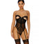 Forplay Peek-A-Boo Black Strapless Lace & Mesh Gartered Teddy has attached suspenders & has cutout lace cups to reveal the perfect amount of underboob. (6)