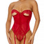 Forplay Peek-A-Boo Red Strapless Lace & Mesh Gartered Teddy has attached suspenders & has cutout lace cups to reveal the perfect amount of underboob.