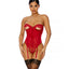 Forplay Peek-A-Boo Red Strapless Lace & Mesh Gartered Teddy has attached suspenders & has cutout lace cups to reveal the perfect amount of underboob. (6)