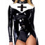 Forplay Saintlike Seductress Sexy Nun Costume has a form-fitting high-low top, high-waisted panties & nun veil, all in latex-like vinyl for a fetishwear shine.