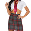 Forplay Tantalising Teacher Sexy Adult Costume includes a white collared tie-front crop top, grey plaid pencil skirt, red necktie, glasses & ruler.