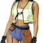 Forplay Under Construction Sexy Construction Worker Costume includes a crop hi-vis vest, cami, denim-look bottoms w/ attached garters, fingerless gloves, safety glasses & a pouch belt.