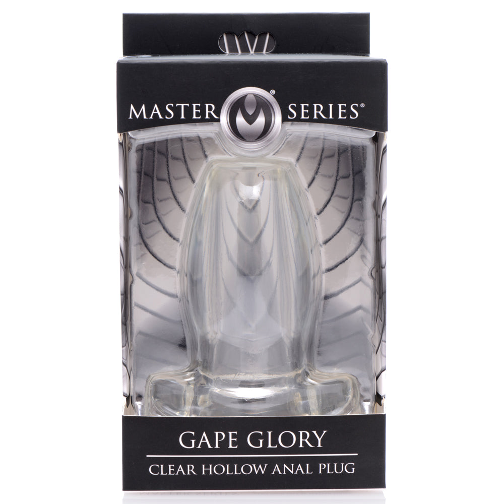 Master Series - Gape Glory Clear Hollow Anal Plug - transparent hollow butt plug leaves your lover's anus gaping & lets you see into their depths, perfect for enemas & other insertable objects. box