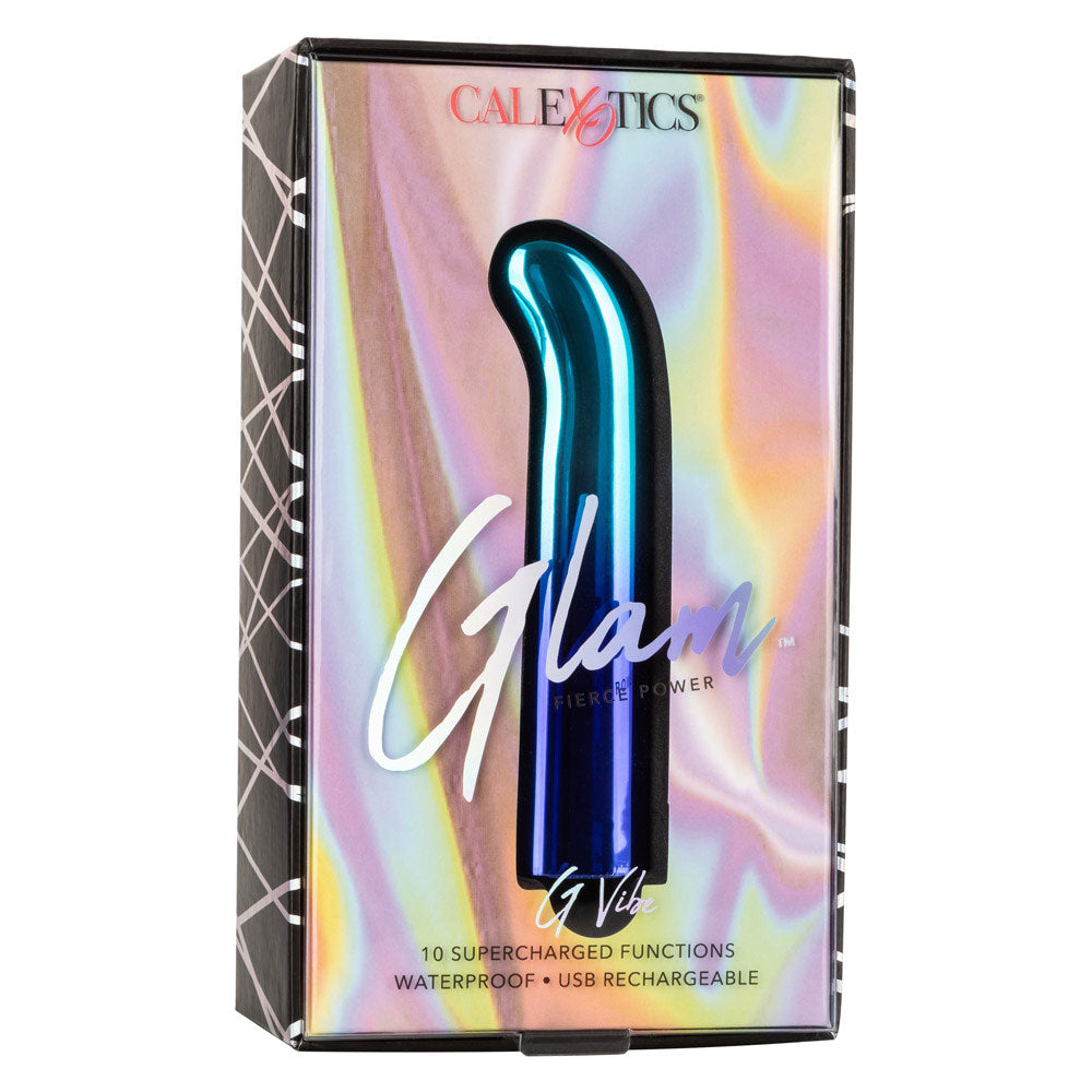 Glam G-Vibe - angled bulbous G-curve head that delivers 10 vibration modes to your G-spot, all in a sleek metallic ombre finish. Blue, box
