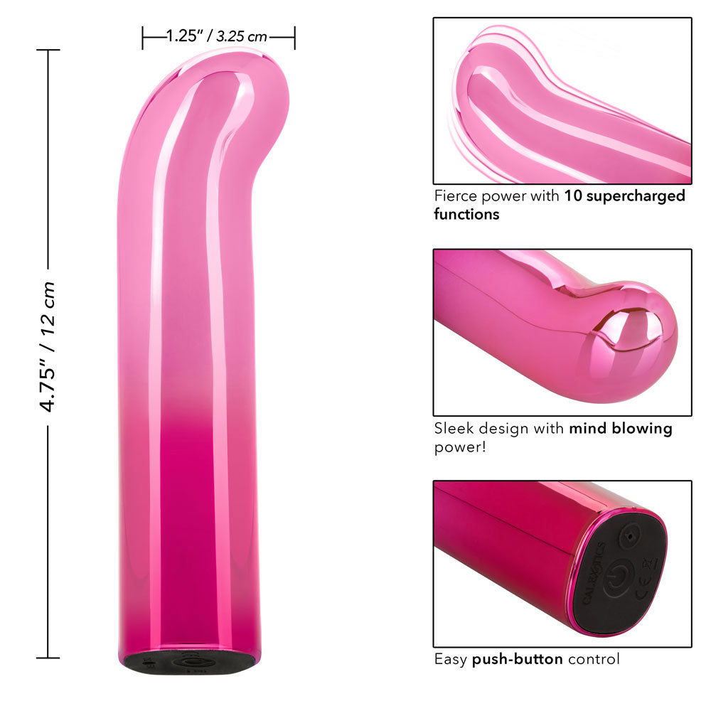 Glam G-Vibe - angled bulbous G-curve head that delivers 10 vibration modes to your G-spot, all in a sleek metallic ombre finish. Pink, size details