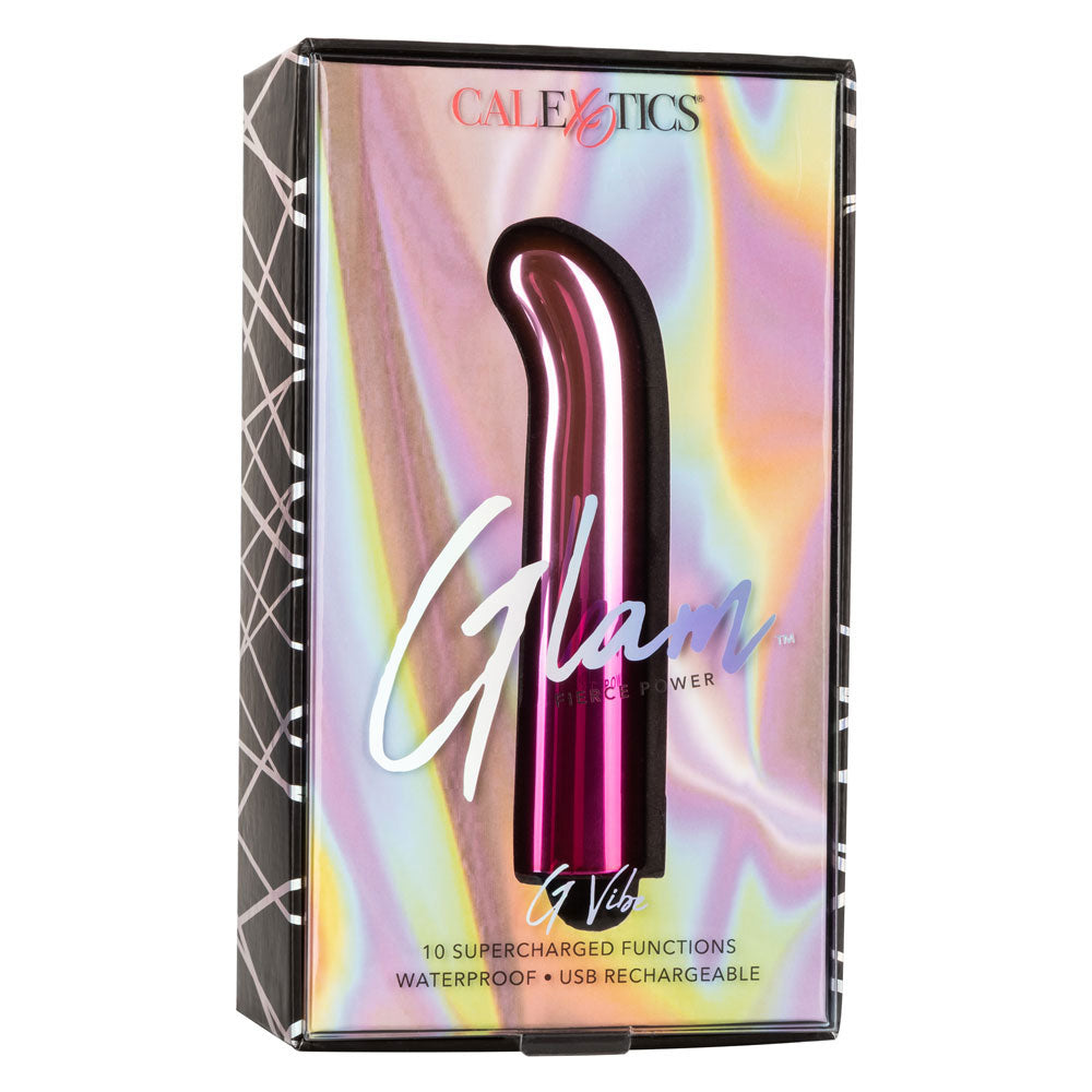 Glam G-Vibe - angled bulbous G-curve head that delivers 10 vibration modes to your G-spot, all in a sleek metallic ombre finish. Pink, box