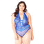 Glitter Blue Lagoon Plunging Halter Scallop Lace Teddy - Curvy has a deep V-neck & criss-cross detail at the cleavage while the scalloped edge & floral lace add feminine charm. (2)