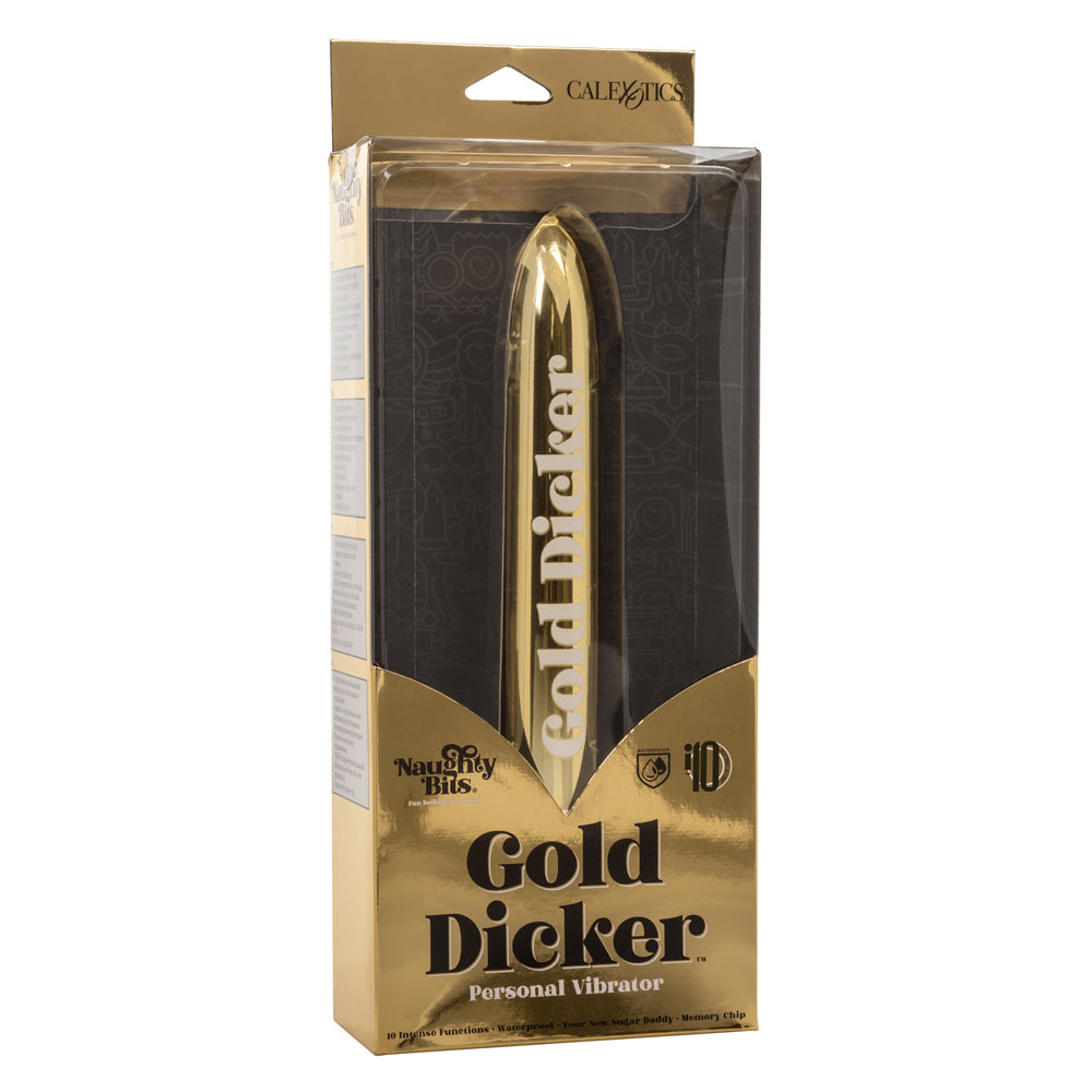 Naughty Bits - Gold Dicker - powerful personal vibrator has a straight shaft that delivers 10 awesome vibration patterns anywhere you want them. Gold, box