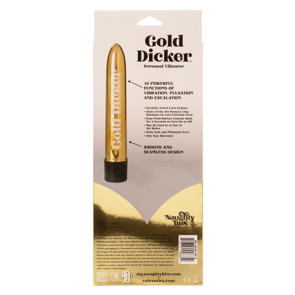 Naughty Bits - Gold Dicker - powerful personal vibrator has a straight shaft that delivers 10 awesome vibration patterns anywhere you want them. Gold, back of box