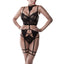This Erotik Lace Lingerie Set With Collared Suspenders includes an underwired longline bra, cutout panty & a suspender belt w/ a collar neckpiece & dual thigh garters attached.