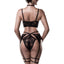 This Erotik Lace Lingerie Set With Collared Suspenders includes an underwired longline bra, cutout panty & a suspender belt w/ a collar neckpiece & dual thigh garters attached. Back.