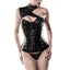Grey Velvet Steampunk Faux Leather One-Shoulder Overbust Corset has decorative faux leather inserts & a striking one-shoulder detail w/ a sexy collar + boning & adjustable rear lacing.