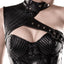 Grey Velvet Steampunk Faux Leather One-Shoulder Overbust Corset has decorative faux leather inserts & a striking one-shoulder detail w/ a sexy collar + boning & adjustable rear lacing. (3)
