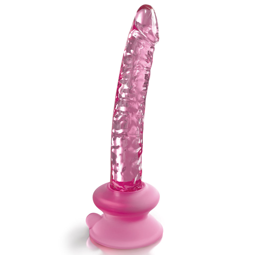 Icicles No. 86 Realistic Glass Dildo With Suction Cup is safe for vaginal or anal play & has a ridged phallic head, veiny shaft + removable suction cup for internal stimulation at any angle.