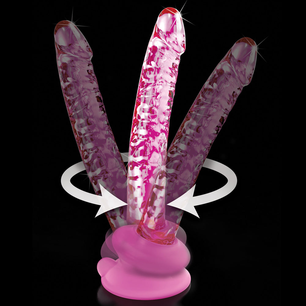 Icicles No. 86 Realistic Glass Dildo With Suction Cup is safe for vaginal or anal play & has a ridged phallic head, veiny shaft + removable suction cup for internal stimulation at any angle. Flexible base.