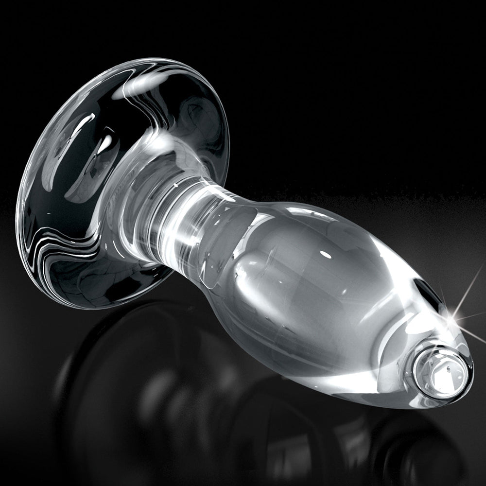 Icicles No. 91 Glass Anal Plug With Suction Cup has a tapered tip for easy entry, a harness-compatible flared base & comes with a flexible silicone suction cup. 2