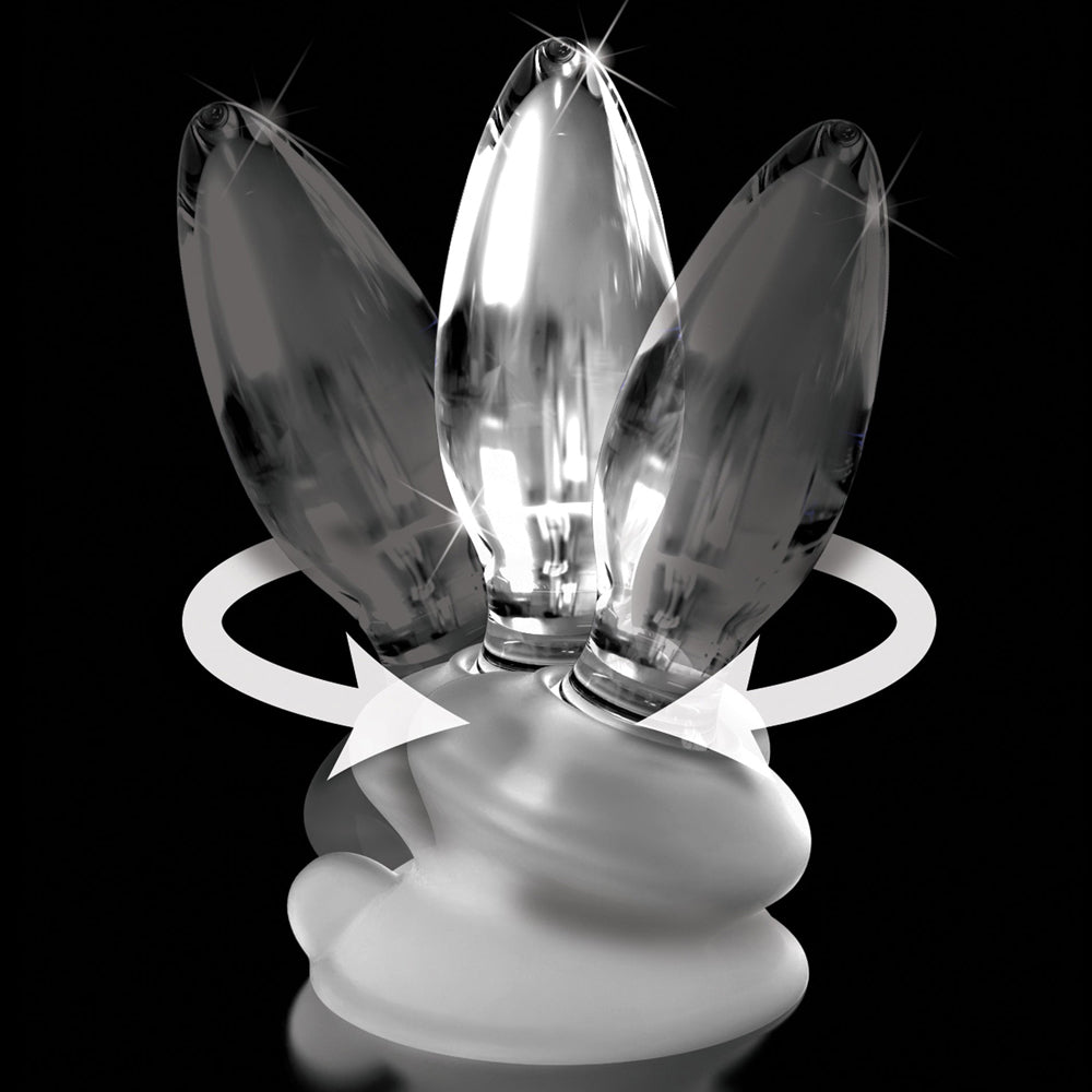 Icicles No. 91 Glass Anal Plug With Suction Cup has a tapered tip for easy entry, a harness-compatible flared base & comes with a flexible silicone suction cup. Flexible base.