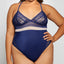iCollection - Clover Teddy - 85026X - Curvy.  This curvy bodysuit has geometric lace details, a triangle-cut top & cheeky rear, all in an irresistibly smooth finish. Navy.