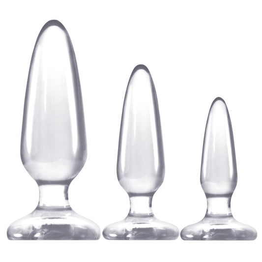 The Jelly Rancher Anal Plug Trainer Kit includes 3 tapered butt plugs in graduating sizes with flared suction cup bases, perfect for anal beginners. Clear.