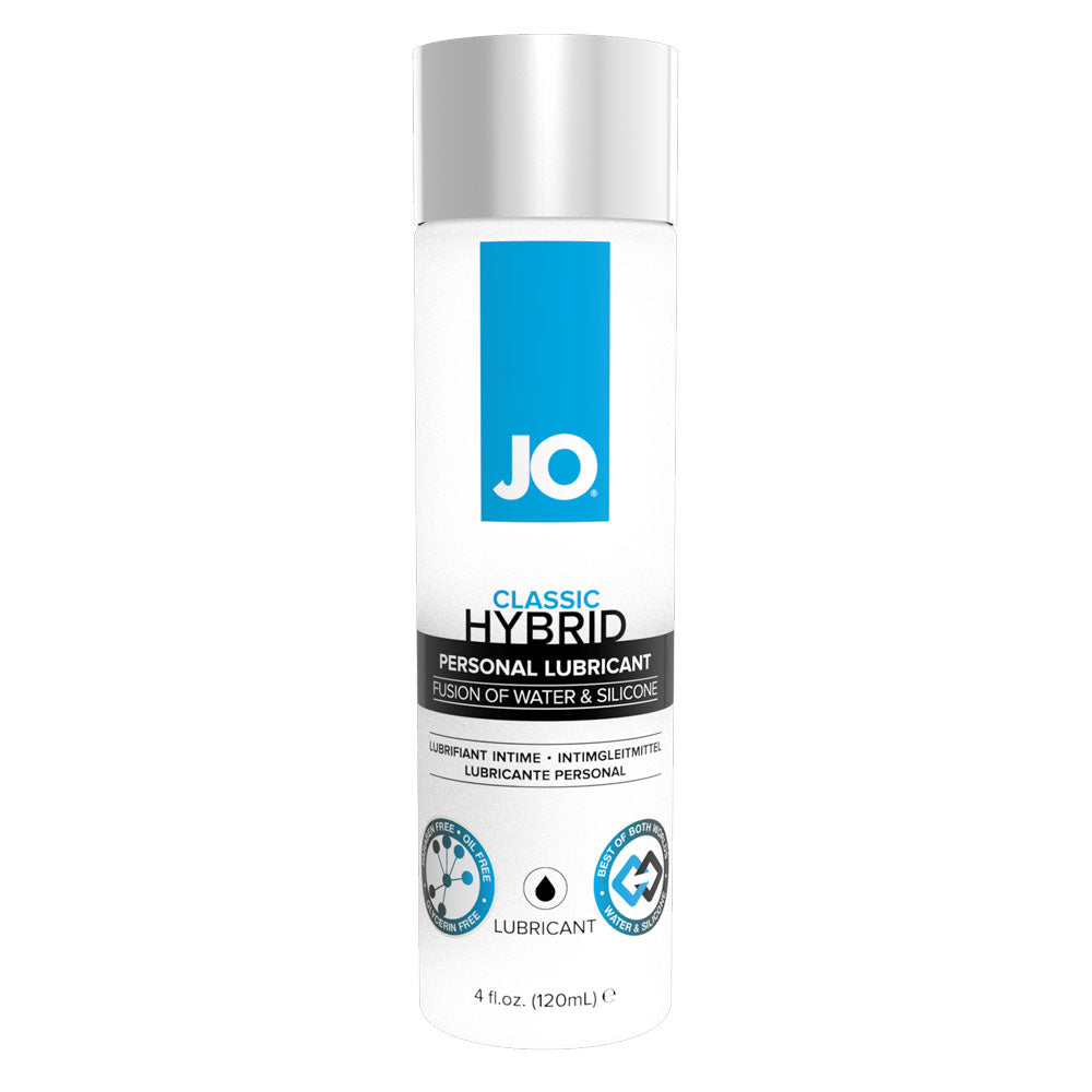 JO - Hybrid Lubricant - Classic - 120ml - This hybrid lubricant combines the longevity of silicone-based lube w/ the easy cleanup of water-based lube for the best of both worlds.