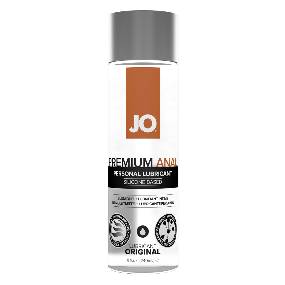 JO Premium Anal - Silicone-Based Lubricant - Original - 240ml - This long-lasting anal lubricant has a thick, viscous form that's water-resistant for fun in the shower & works with w/ non-silicone toys + condoms.