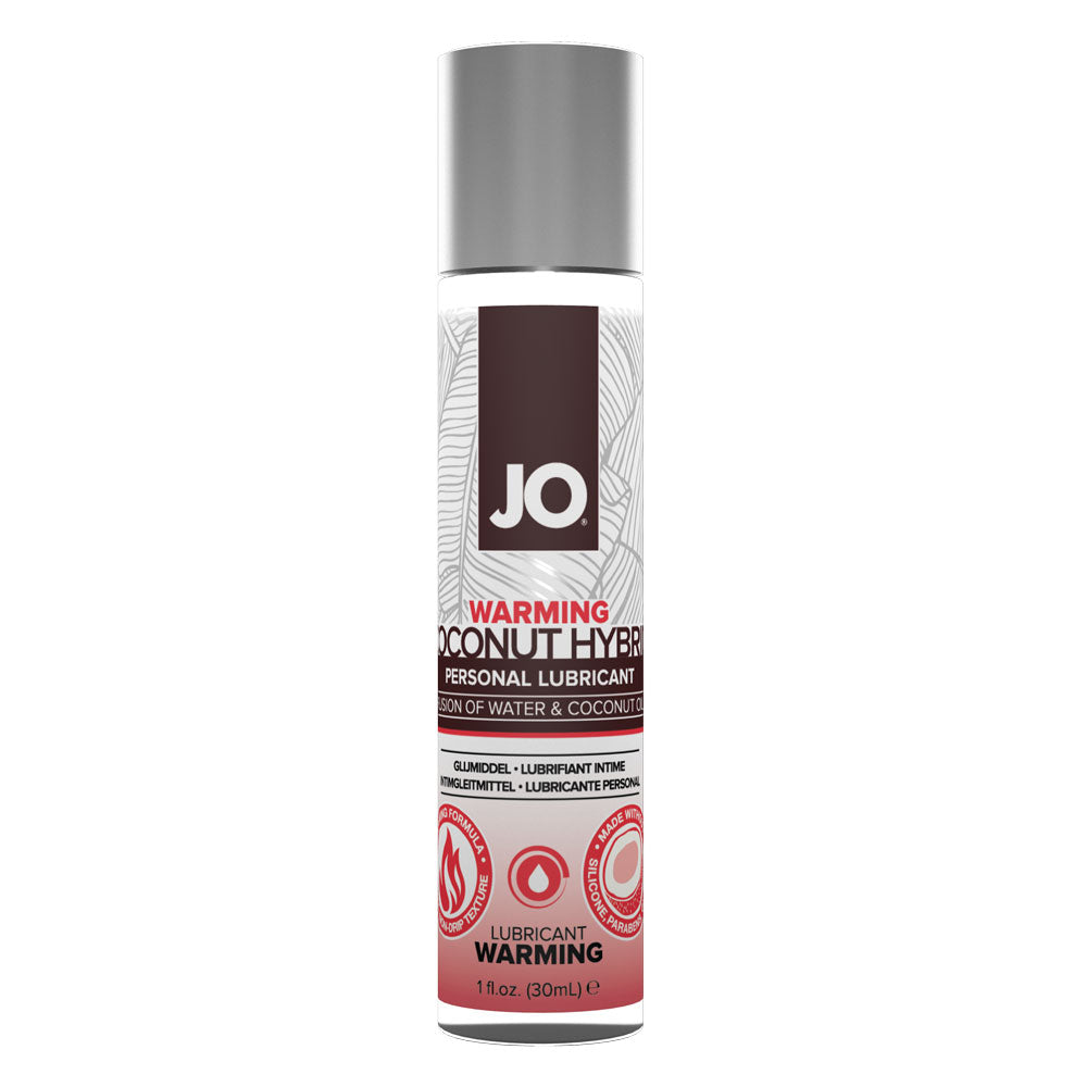 JO Coconut Hybrid - Warming Silicone-Free Lubricant. This rich, creamy warming lube fuses coconut oil + water-based formula for a smooth glide that thins w/ play & is safe for silicone toys. 30ml