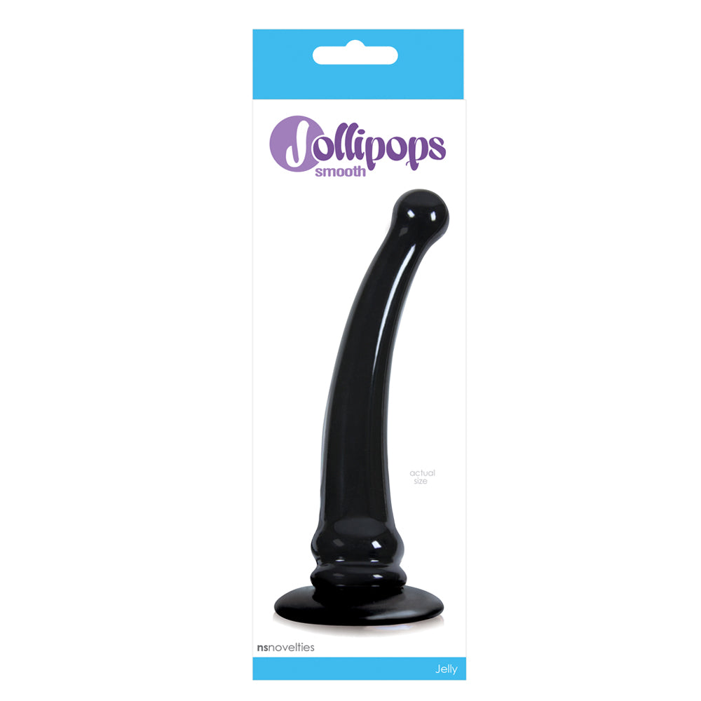 Jollipops smooth jelly dildo with suction cup has a non-phallic shape w/ a spherical head, widening shaft & harness-compatible suction cup. Package.