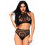 Leg Avenue 2-Piece Lace Crop Top & High-Waisted Panty Set has peekaboo crochet lace & a strappy halter neck back to expose more skin, perfect for summer festivals & music concerts. Black. (2)