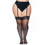 These silky 20-denier stockings for curvy figures come in a thigh-high silhouette w/ floral lace bands & reinforced toe. Black.