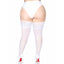 These classically sexy plus-size thigh-highs add 20-denier coverage to your legs & have 5" wide floral lace tops w/ silicone to stay up on their own. White.