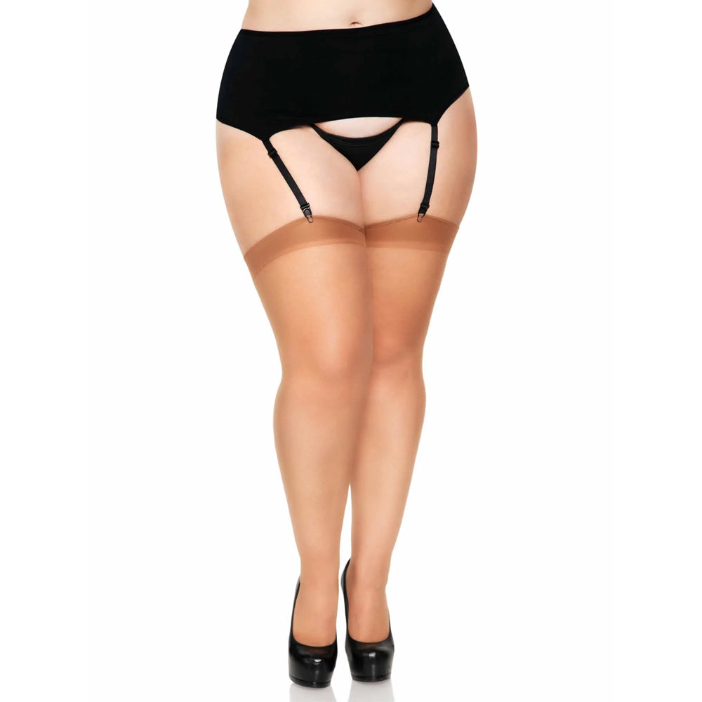 These thigh-highs for curvy figures are soft + breathable w/ solid thigh bands for a simple, sexy look. Tan.