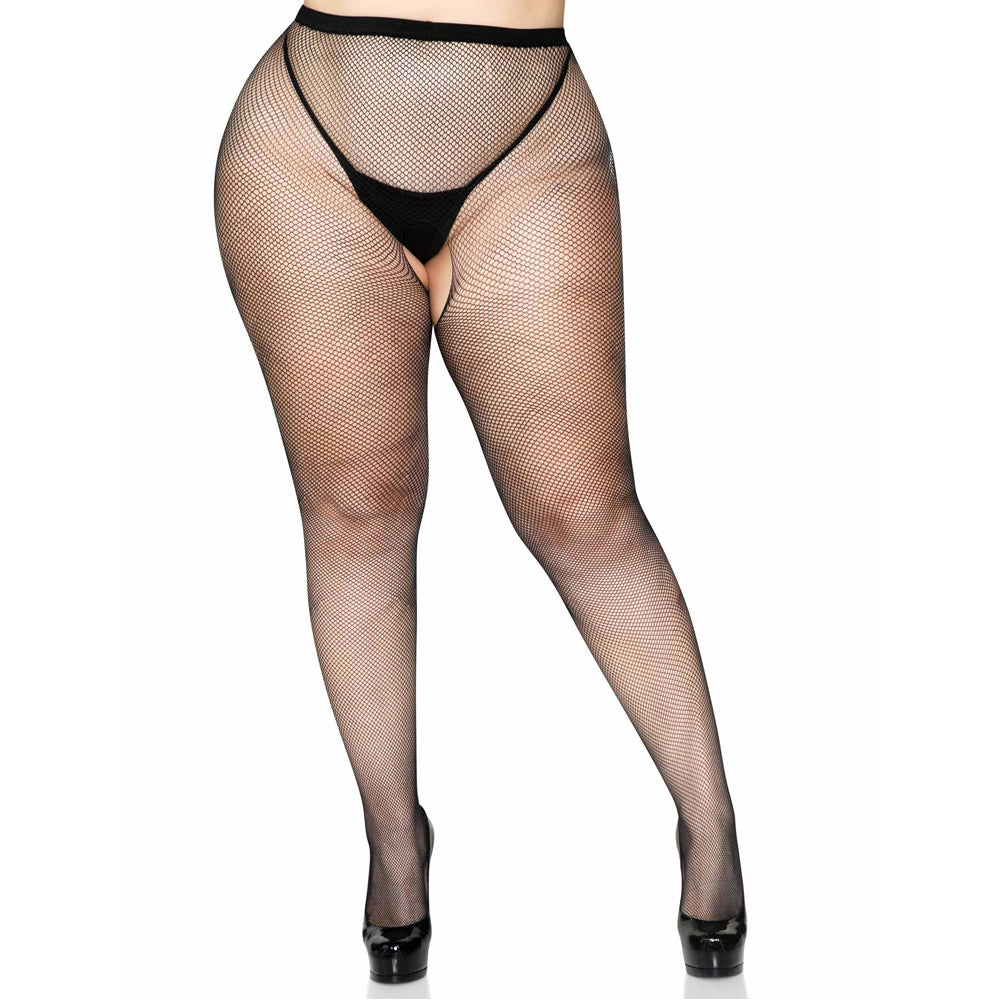 These plus-size fishnet stockings have a reinforced open crotch as a sexy secret you can wear w/ everyday outfits or flaunt in lingerie. Queen size black.