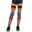 These fun novelty thigh-highs have bright rainbow stripes layered under classic black fishnet weave that's perfect for costumes, music festival outfits & more. Rainbow.
